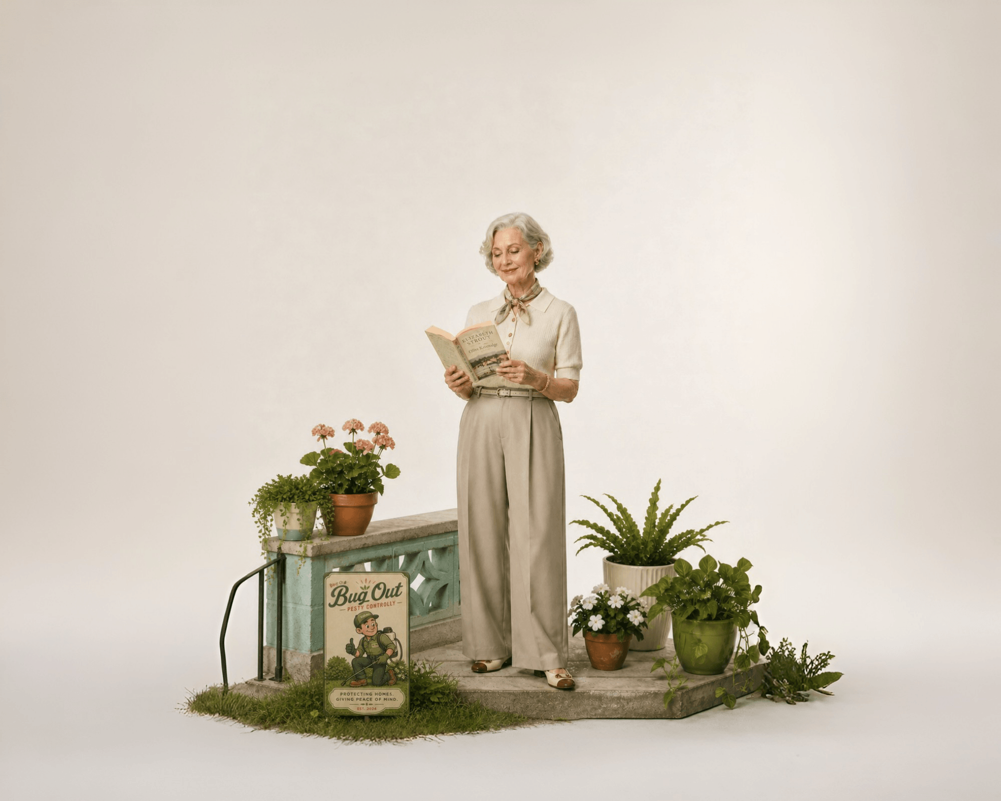 A loyal customer reading at peace, with the Bug Out service sign in her yard