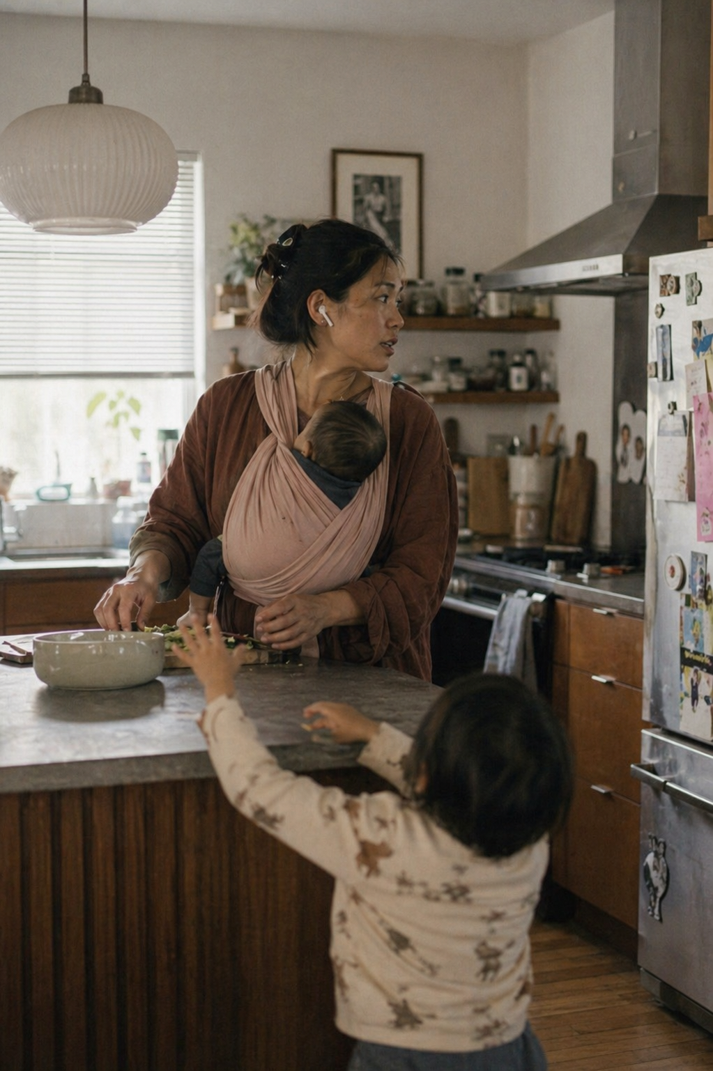A mother on a service call while caring for her kids