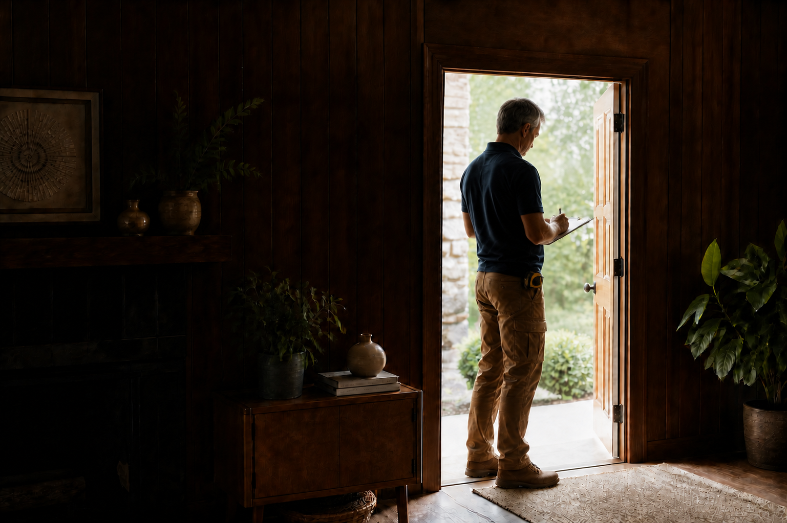 A contractor at the front door with a clipboard, doing the office’s job