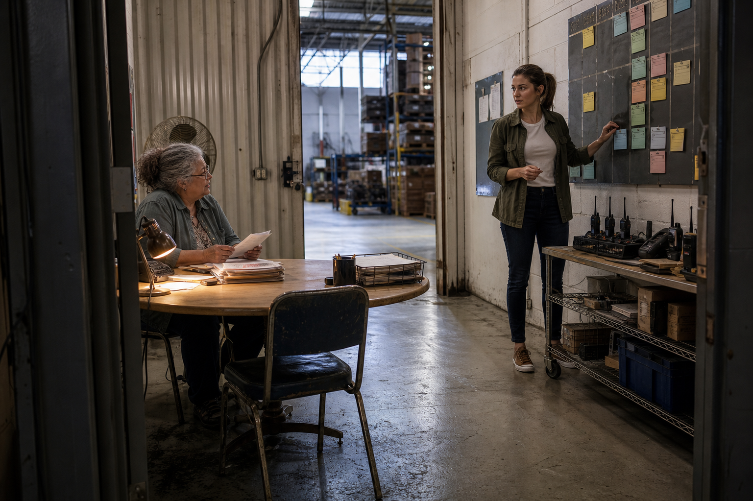 The front office by the warehouse: the job board, the paper stacks, the radios on charge