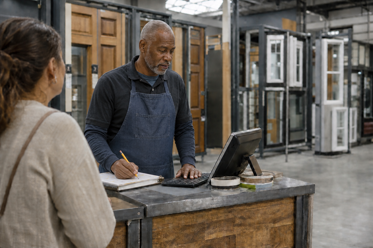 A supplier in his apron at the counter, pencil over the order book, checking the screen