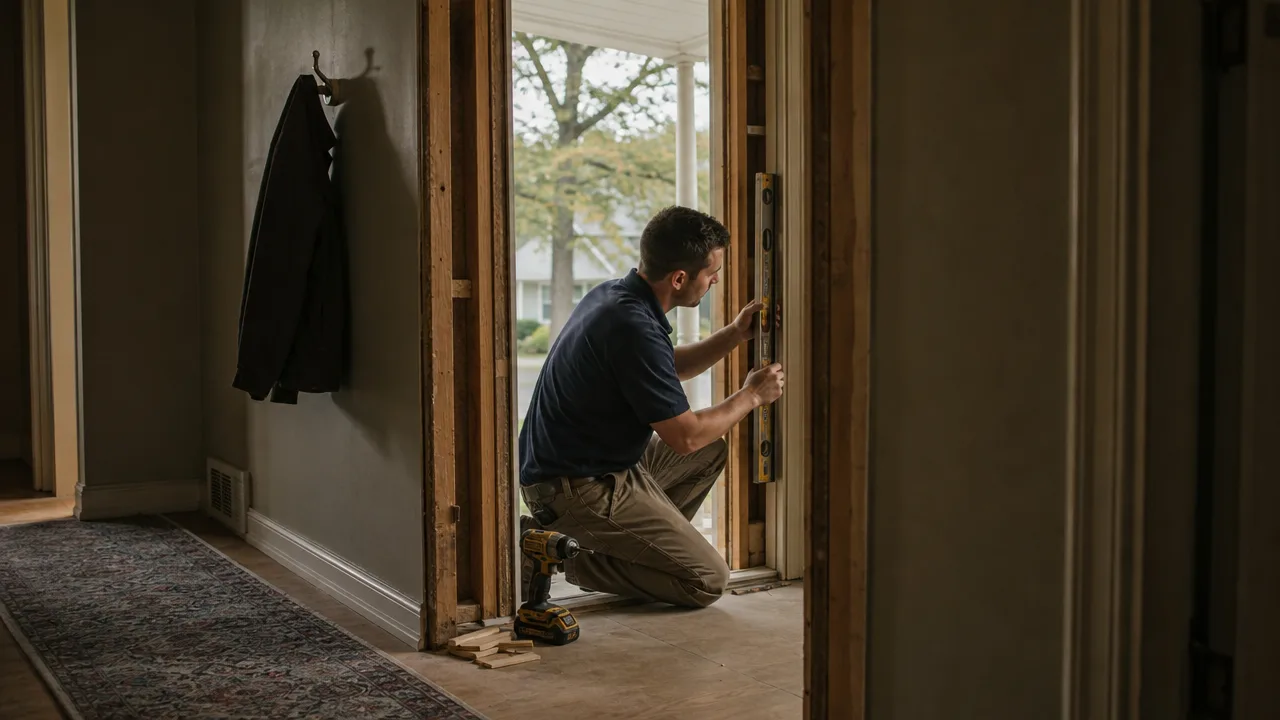 An installer checking an empty door opening for plumb