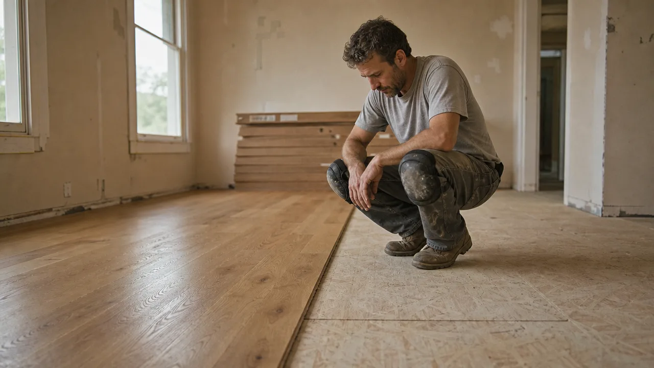 A flooring installer crouched at the edge of a new oak floor, studying the seam