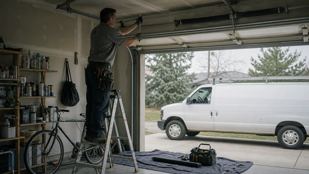 A technician adjusting the spring on a residential garage door