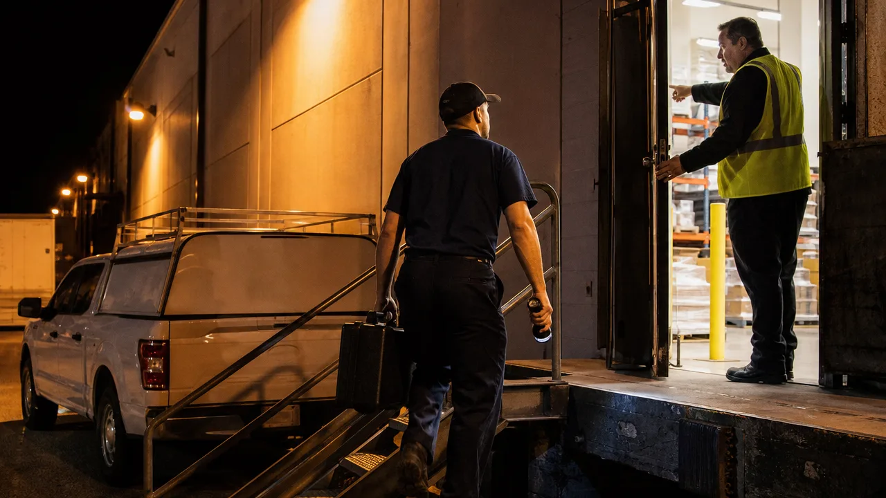 A pest control technician arriving at a warehouse loading dock at night